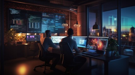 A scene showcasing a team of software developers coding, collaborating, and testing applications in a modern development environment