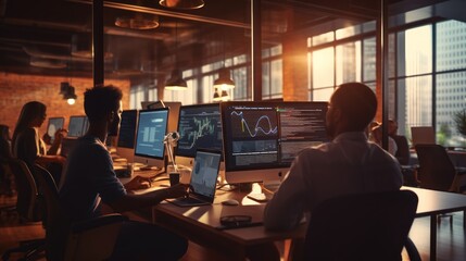 A scene showcasing a team of software developers coding, collaborating, and testing applications in a modern development environment