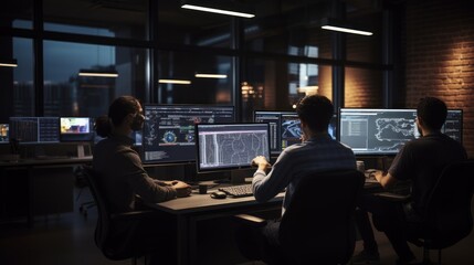 A scene showcasing a team of software developers coding, collaborating, and testing applications in a modern development environment