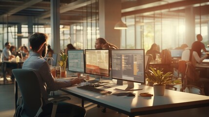 A scene showcasing a team of software developers coding, collaborating, and testing applications in a modern development environment