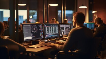 A scene showcasing a team of software developers coding, collaborating, and testing applications in a modern development environment