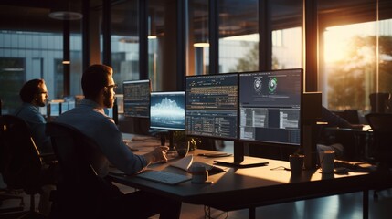 A scene showcasing a team of software developers coding, collaborating, and testing applications in a modern development environment