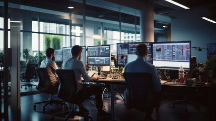 A scene showcasing a team of software developers coding, collaborating, and testing applications in a modern development environment