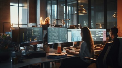 A scene showcasing a team of software developers coding, collaborating, and testing applications in a modern development environment