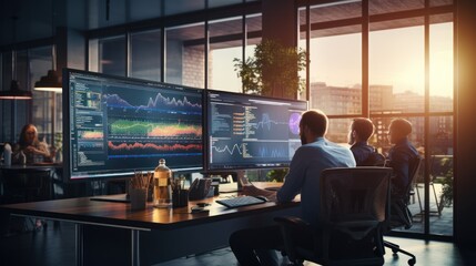 A scene showcasing a team of software developers coding, collaborating, and testing applications in a modern development environment