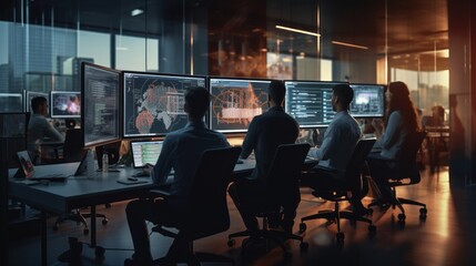 A scene showcasing a team of software developers coding, collaborating, and testing applications in a modern development environment
