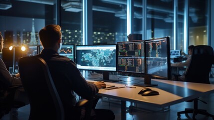 A scene showcasing a team of software developers coding, collaborating, and testing applications in a modern development environment