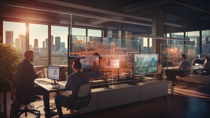 A scene showcasing a team of software developers coding, collaborating, and testing applications in a modern development environment