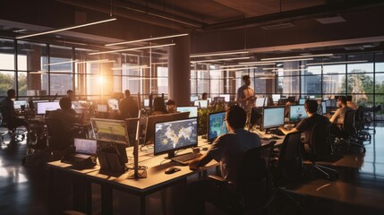 Wall Mural - a scene showcasing a team of software developers coding, collaborating, and testing applications in 