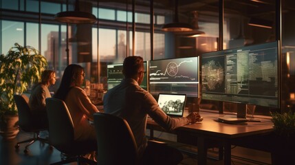 A scene showcasing a team of software developers coding, collaborating, and testing applications in a modern development environment