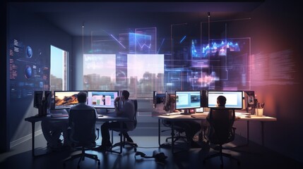 A scene showcasing a team of software developers coding, collaborating, and testing applications in a modern development environment