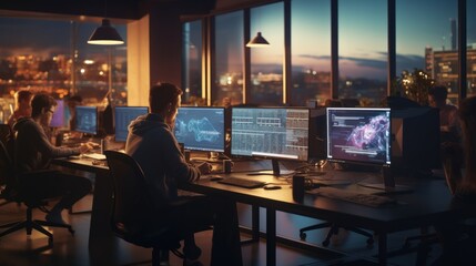 A scene showcasing a team of software developers coding, collaborating, and testing applications in a modern development environment