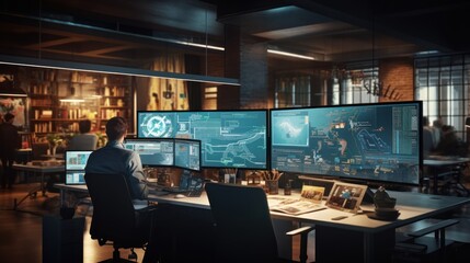 A scene showcasing a team of software developers coding, collaborating, and testing applications in a modern development environment
