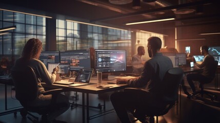 A scene showcasing a team of software developers coding, collaborating, and testing applications in a modern development environment