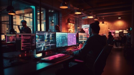 Wall Mural - a scene showcasing a team of software developers coding, collaborating, and testing applications in 