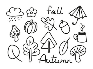 Wall Mural - Autumn doodle set. Naive childish fall symbols, leaves, mushrooms, cloud, umbrella, trees, pumpkin, acorn. Abstract line clip art. Vector illustration isolated on white background