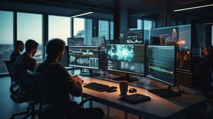 A scene showcasing a team of software developers coding, collaborating, and testing applications in a modern development environment
