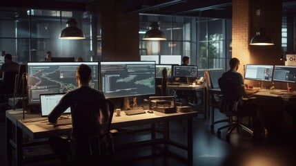 A scene showcasing a team of software developers coding, collaborating, and testing applications in a modern development environment