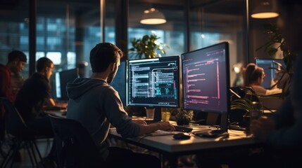 Wall Mural - a scene showcasing a team of software developers coding, collaborating, and testing applications in 