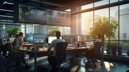 A scene showcasing a team of software developers coding, collaborating, and testing applications in a modern development environment