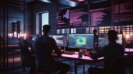 A scene showcasing a team of software developers coding, collaborating, and testing applications in a modern development environment