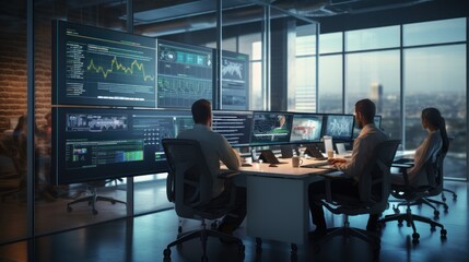 A scene showcasing a team of software developers coding, collaborating, and testing applications in a modern development environment