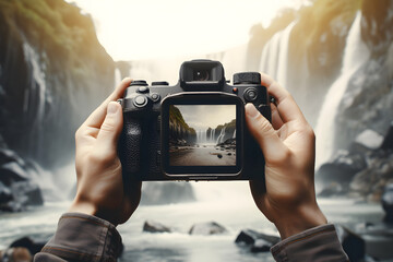 a hand holding up an analog camera with nature background