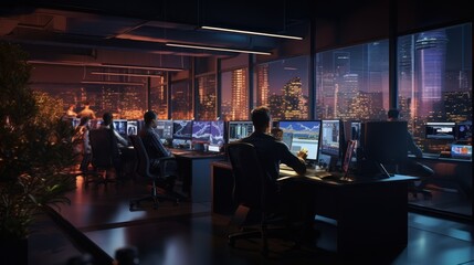 Wall Mural - a scene showcasing a team of software developers coding, collaborating, and testing applications in 