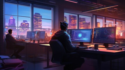 A scene showcasing a team of software developers coding, collaborating, and testing applications in a modern development environment