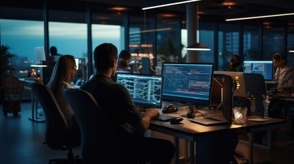 A scene showcasing a team of software developers coding, collaborating, and testing applications in a modern development environment
