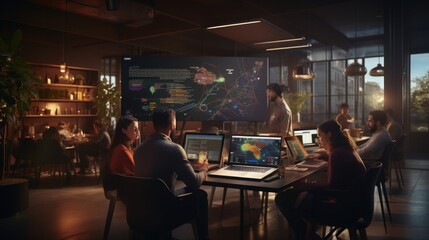 A scene showcasing a team of software developers coding, collaborating, and testing applications in a modern development environment