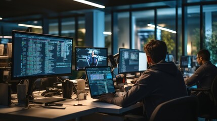 A scene showcasing a team of software developers coding, collaborating, and testing applications in a modern development environment