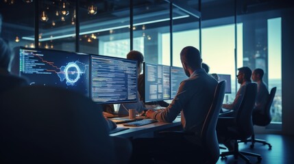 A scene showcasing a team of software developers coding, collaborating, and testing applications in a modern development environment