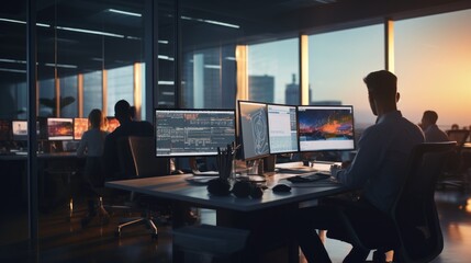 A scene showcasing a team of software developers coding, collaborating, and testing applications in a modern development environment