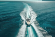 Aerial View Of Luxury Motor Boat. Speed Boat On The Azure Sea In Turquoise Blue Water - Birdseye Aerial View Of Boat. Aerial View