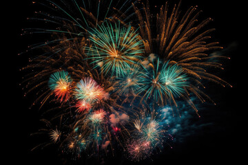 Colorful fireworks on the 4th of July. Festival celebration explosion. Abstract firecrackers in the night sky.