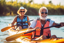An Elderly Man With Friends, Families, Kayaking On The Water, Generated By Ai