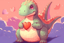 A Cartoon Dinosaur Holding A Heart. Generative AI