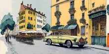 Watercolor Paint Of Car On The Stereet. AI Generated Illustration