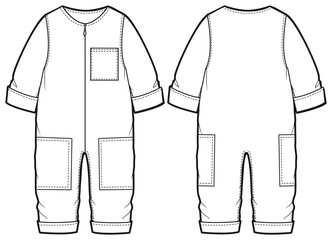 Baby boy Long sleeve boiler suit rompers design flat sketch fashion illustration drawing template mock up with front and back view. Toddler baby boy and girl Onesies bodysuit T shirt cad drawing