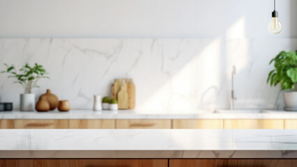 Marble stone empty table top of kitchen island on white modern kitchen interior background. Scene stage showcase for montage you products, promotion sale or advertising