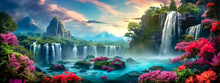 A Magical Waterfall In A Wonderfully Fantastic Flowering Landscape, Banner Made With Generative AI