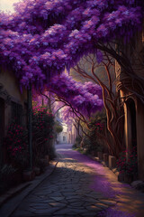 Wall Mural - A street full of purple flowers and blooming plants. Generative AI