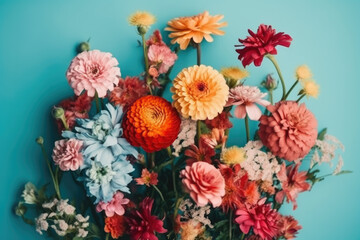 Wall Mural - Spring plant concept, colorful beautiful fresh flowers on a pastel blue background. Flowers can be used to make a romantic bouquet. 