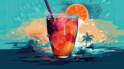 Wall Mural - Cocktail in a glass with a straw on the background of the sea.