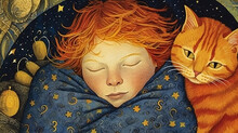Two Red-haired Friends - A Boy And A Cat - Sleep Together In Bed. Naive Art Style Storybook Illustration