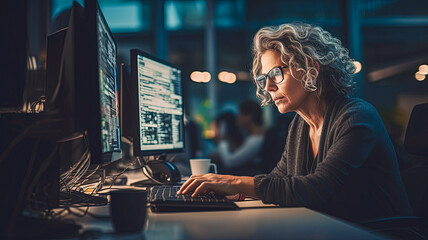 Portrait of a successful gray-haired woman, businesswoman working at a computer in a modern office and looking at the camera. Old programmer. 