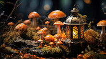 Autumn Composition - A Beautiful Lamp, Mushrooms, Leaf Moss And A Blurred Forest In The Background. 