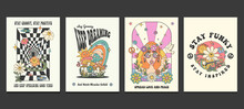 Groovy Hippie 70s Posters With Psychedelic Cartoons, Vector Illustration