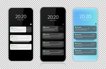 notification screen ui design. phone notification windows template on a dark background. smartphone 